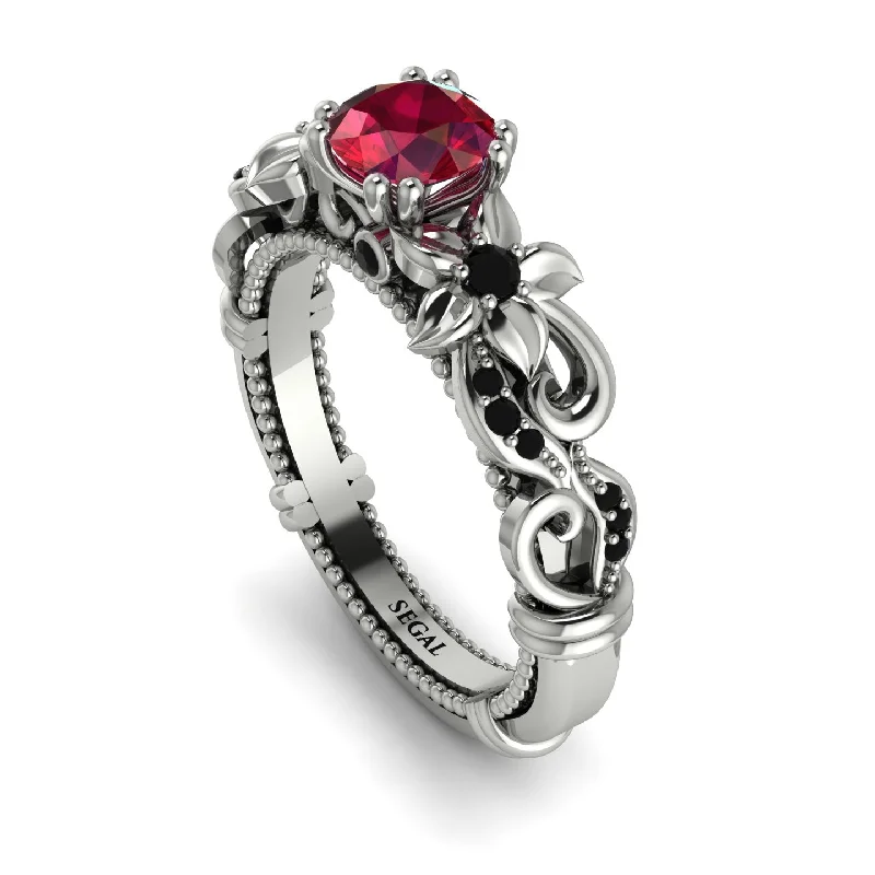 Luxury Wedding Rings With Colored Diamonds-Vintage Flower Openwork Gold Ruby Engagement Ring - Ann No. 42