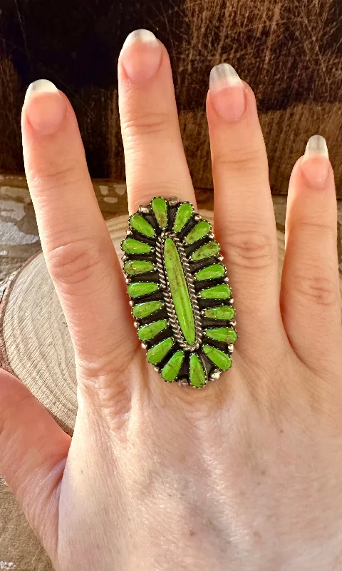 Personalized Stacking Rings For Wedding Bands-GREEN MEADOW Navajo Silver & Green Howlite Ring • Size 5 1/4 & 7 1/4