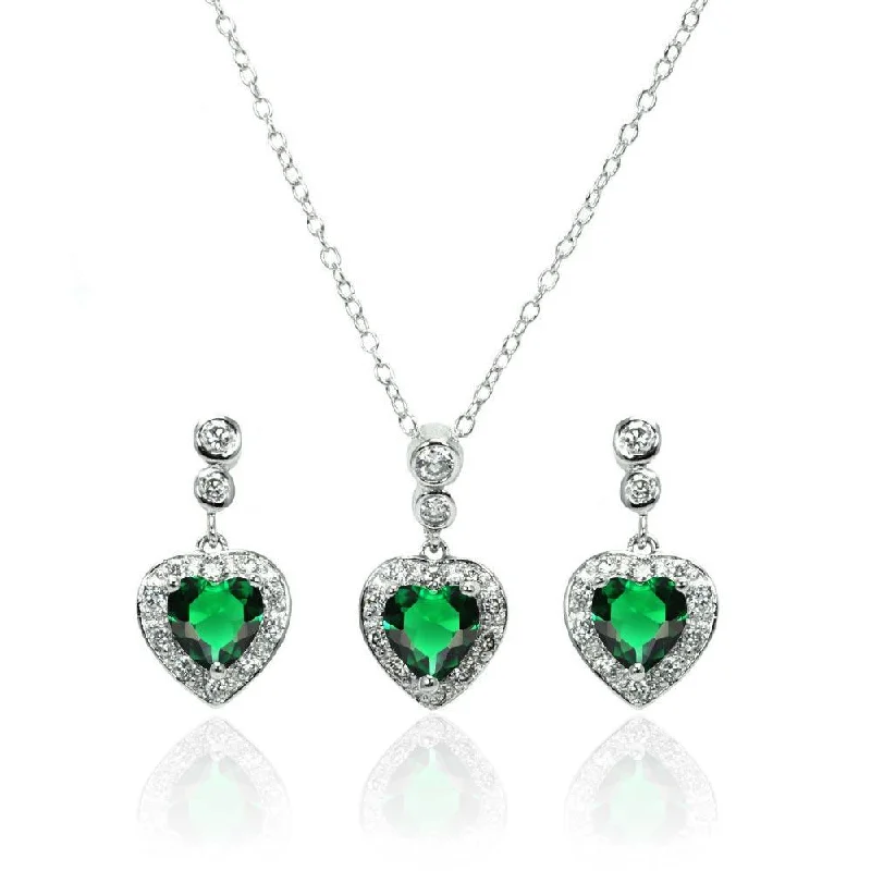 Unique Gold Necklace For Special Gifts-Silver 925 Rhodium Plated Clear and Green Heart CZ Dangling Stud Earring and Necklace Set - BGS00371