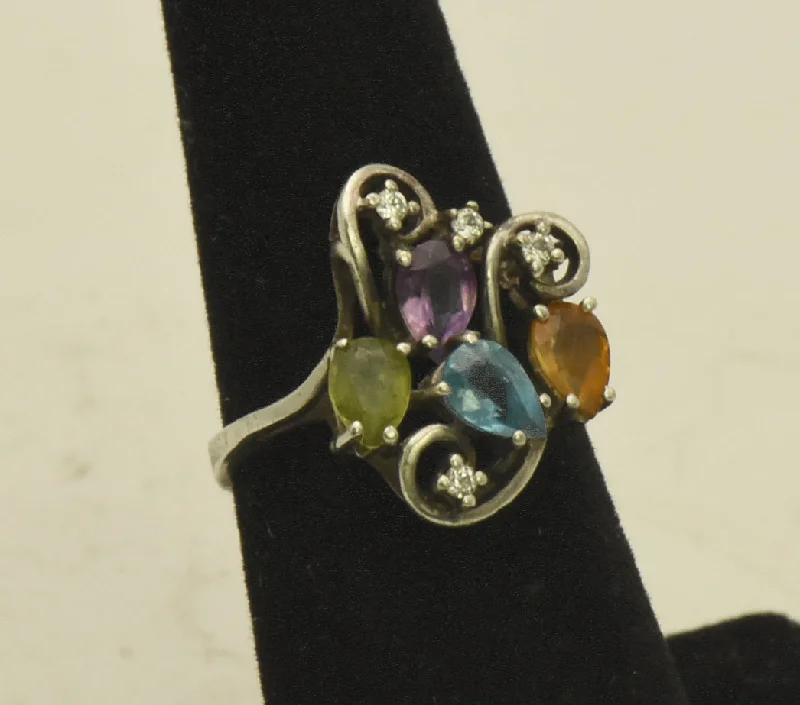 Custom Wedding Bands For Groomsmen-Vintage Sterling Silver Peridot, Blue Topaz, Citrine, Amethyst, CZ Ring - Size 6.5