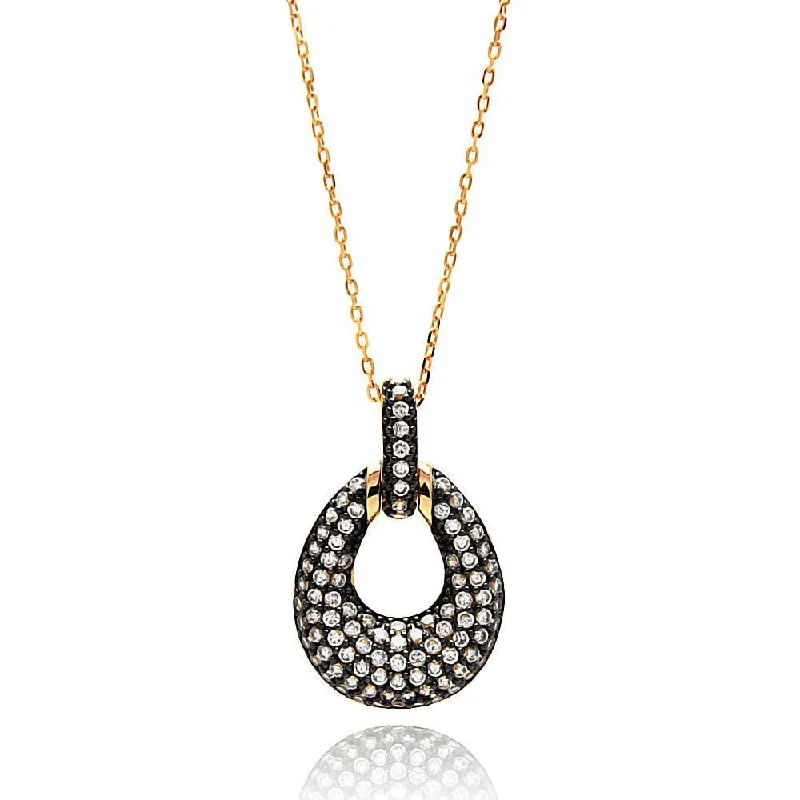 Classic Gold Necklace For Weddings-Silver 925 Gold Plated Open Teardrop Black and Clear CZ Necklace - BGP00638