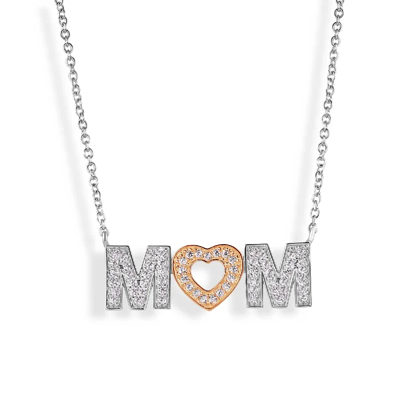 Personalized Gold Chain Necklace For Brides-Silver 925 Rhodium and Gold Plated Clear CZ MOM with Heart Pendant Necklace - BGP00831