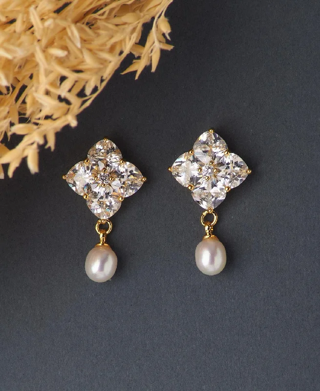 Personalized Charm Earrings For Bridesmaids-Delicate Stone Studded Pearl Earring