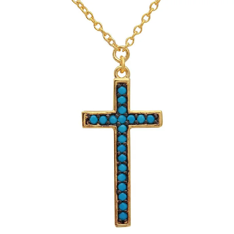 Classic Bar Necklace For Fashion-Silver 925 Gold Plated Turquoise Stone Cross Necklace - BGP01109