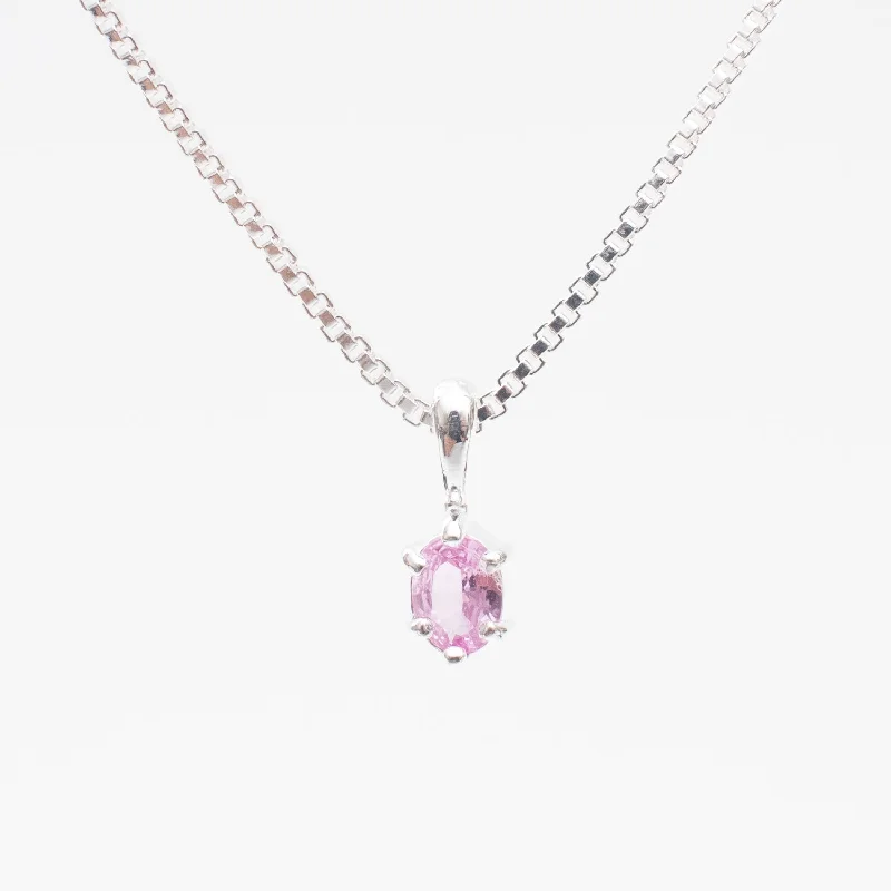 Personalized Family Pendant Necklace For Gifts-Sterling Silver Oval Claw Set Pink Sapphire Necklace