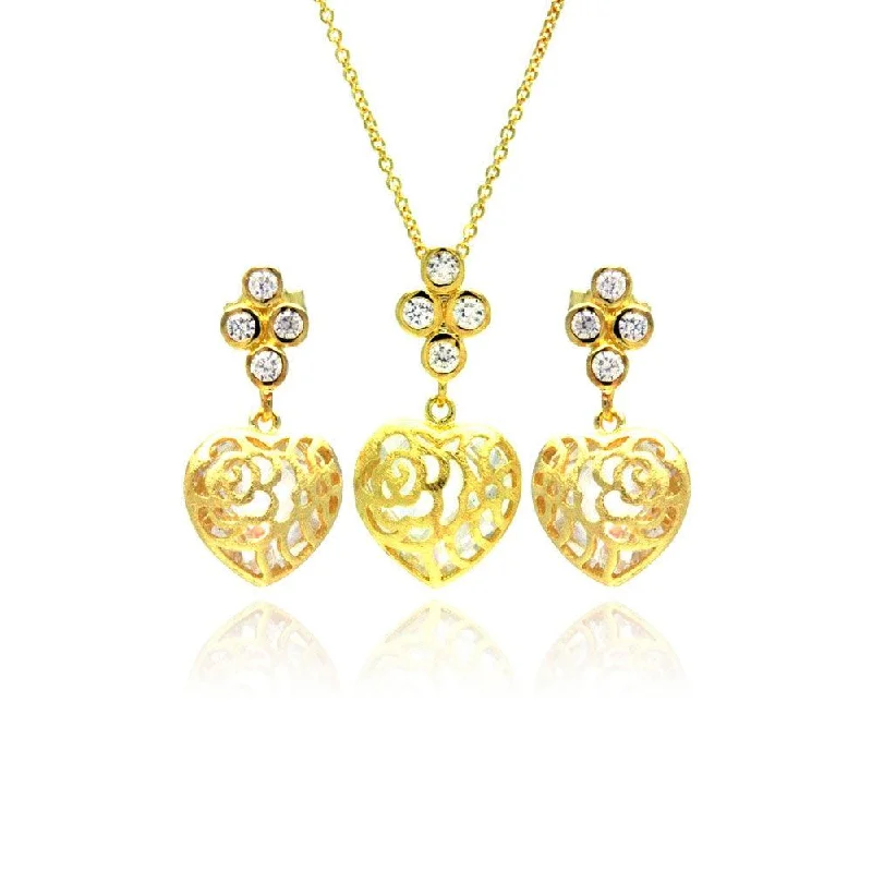 Personalized Pendant Necklace For Anniversary-Silver 925 Gold Plated Heart Filigree CZ Dangling Stud Earring and Necklace Set - STS00383