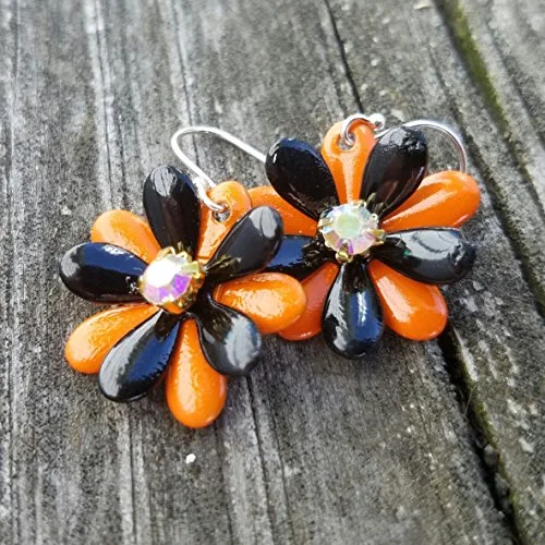 Designer Earrings For Special Celebrations-Halloween Flower Earrings Black and Orange with AB Rhinestones