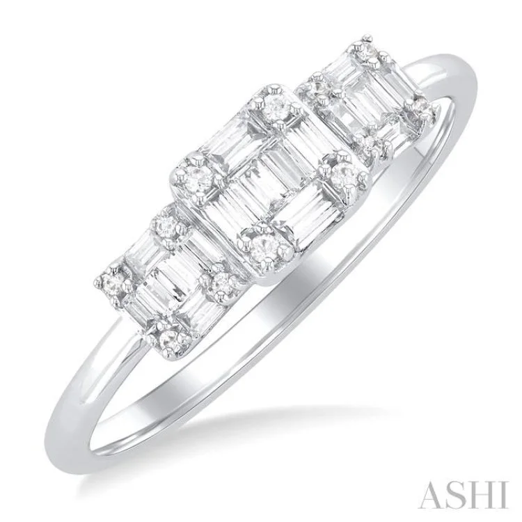 Elegant Diamond Rings For Wedding Day-1/4 ctw Past, Present & Future Baguette and Round Cut Diamond Fusion Fashion Ring in 14K White Gold