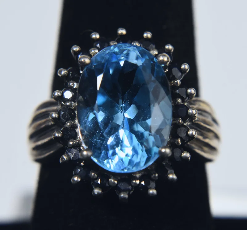 Luxury Wedding Rings With Colored Diamonds-Blue Topaz and Dark Blue Sapphire Sterling Silver Ring - Size 7.75