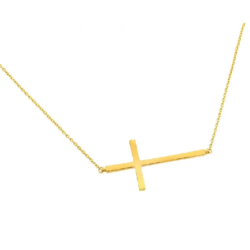 Custom Gemstone Pendant Necklace For Fashion-Silver 925 Gold Plated Plain Sideways Solid Cross Pendant Necklace - BGP00820GP