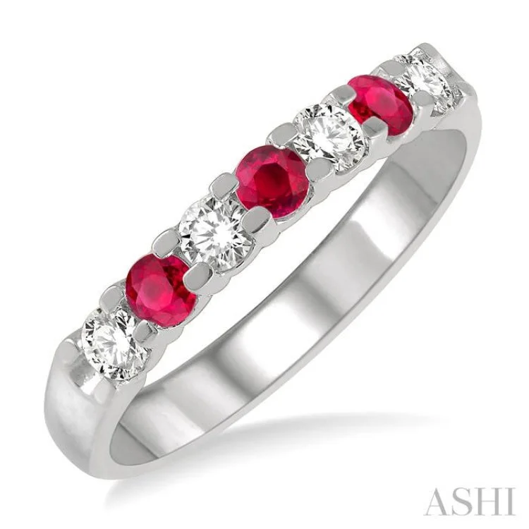 Classic Wedding Bands With Diamond Accents-3/8 ctw Round Cut Diamond and 3MM Ruby Precious Wedding Band in 14K White Gold