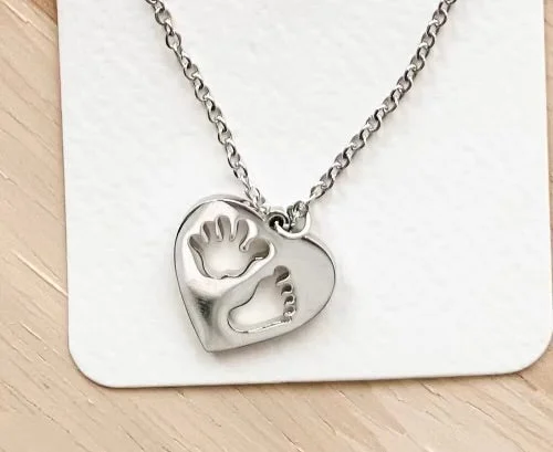 Long Beaded Necklace For Elegant Style-Stainless Steel Necklace with Baby Foot and Hand Print