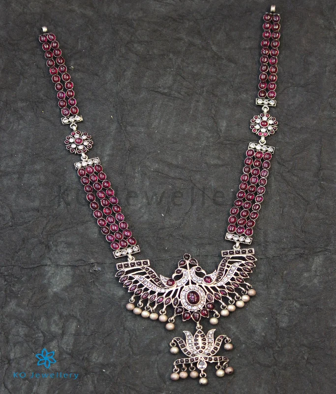 Unique Gemstone Pendant Necklace For Casual Look-The Tejas Silver Peacock Kempu Necklace (Oxidised)