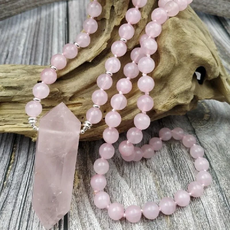 Elegant Crystal Necklace For Evening Wear-Natural Rose Quartz Bead Necklace