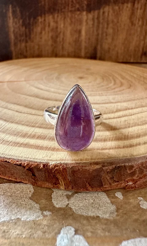 Classic Diamond Rings For Engagement Gifts-SLIM TEARDROP Amethyst Sterling Silver Ring • Size 7