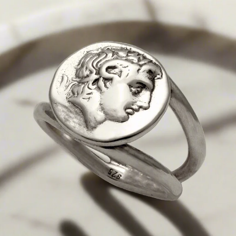 Custom Stacking Rings For Bridesmaids-Alexander the Great Portrait Coin Ring in Sterling Silver (DT-105)