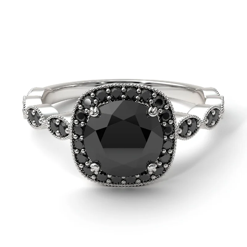 Elegant Stackable Rings For Wedding Gifts-Vintage Inspired Black Diamond Halo Ring - Frances No. 39