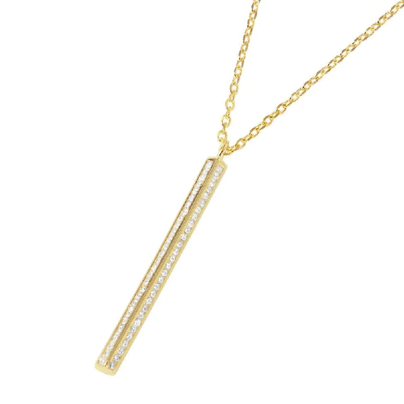 Sparkling Pendant Necklace For Weddings-Silver 925 Gold Plated Vertical Bar CZ Pendant Necklace - STP01487GP