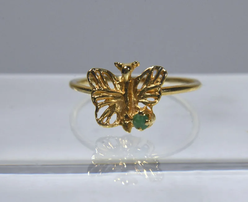 Unique Gemstone Engagement Rings For Bridesmaids-14k Yellow Gold Butterfly Ring with Emerald - Size 2.75