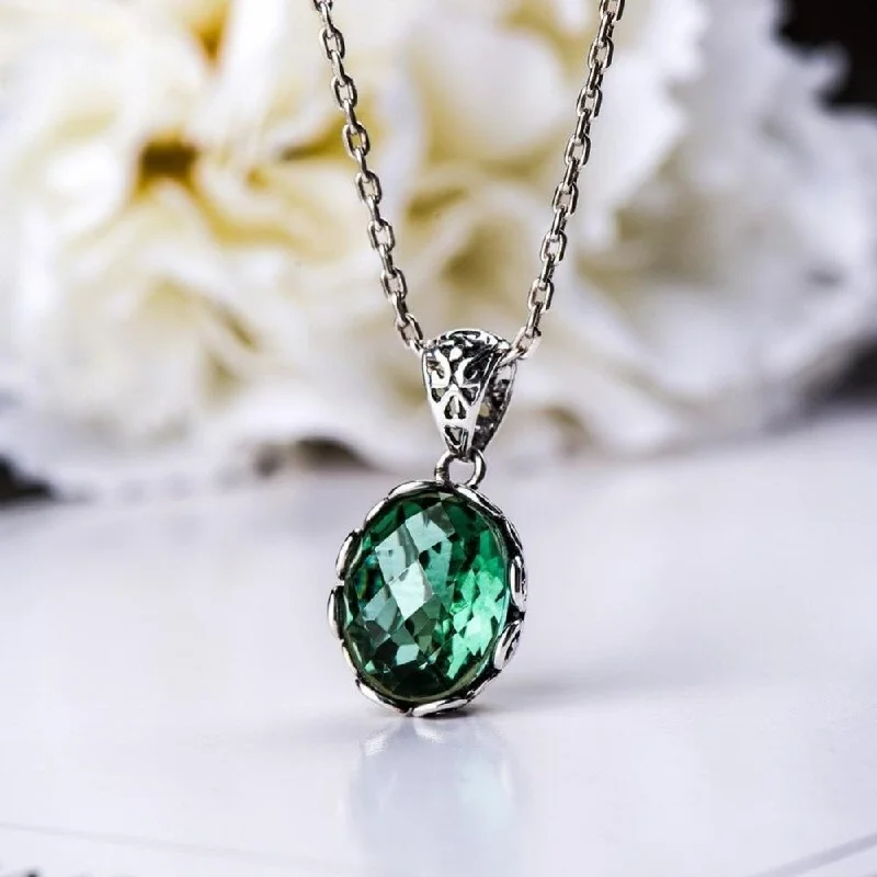 Classic Heart Pendant Necklace For Bridal Look-Emerald Green Necklace With Silver Sterling Chain