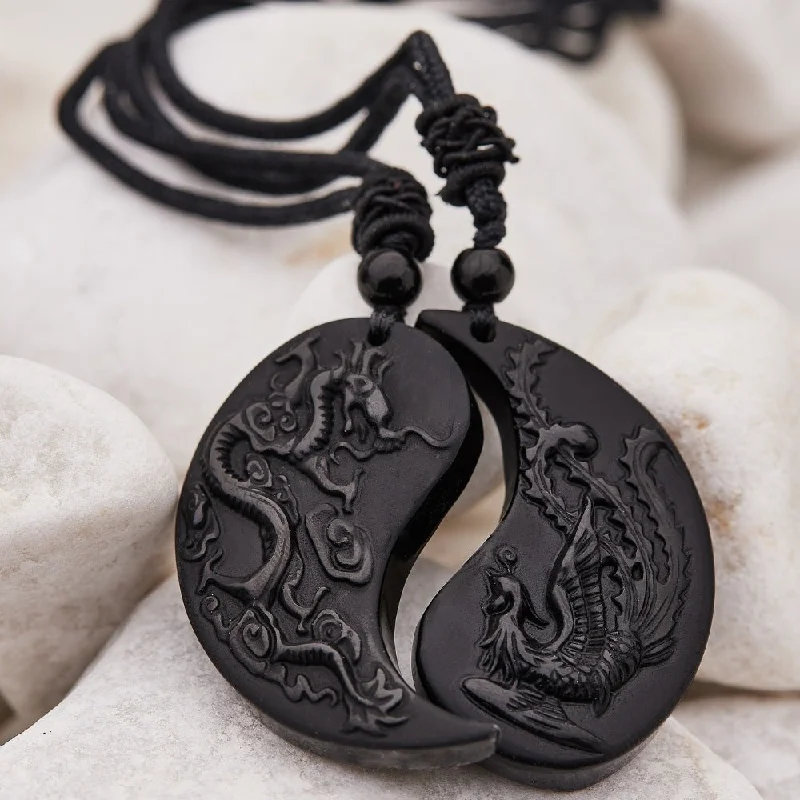 Unique Gemstone Necklace For Fashion Lovers-Obsidian Ying Yang Couple Matching Necklaces