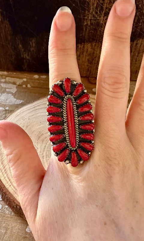 Custom Wedding Bands With Personal Engravings-SUNBEAM Navajo Silver & Red Howlite Ring • Size 6, 7 3/4, 9 1/4