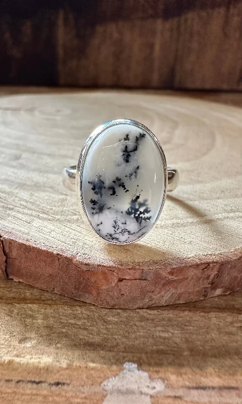 Classic Wedding Rings With Sapphire Details-GLACIER DENDRITIC OPAL Sterling Silver Ring • Size 8