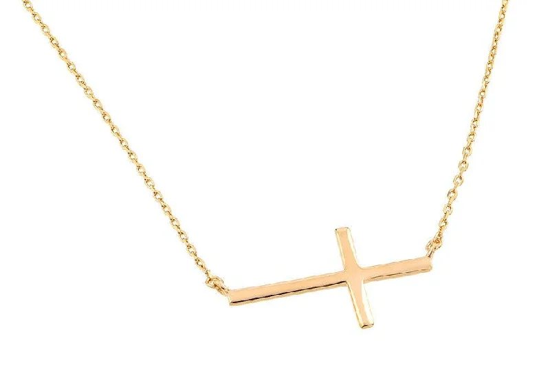 Simple Crystal Pendant Necklace For Weddings-Silver 925 Gold Plated Plain Sideways Solid Cross Pendant Necklace - BGP00821GP