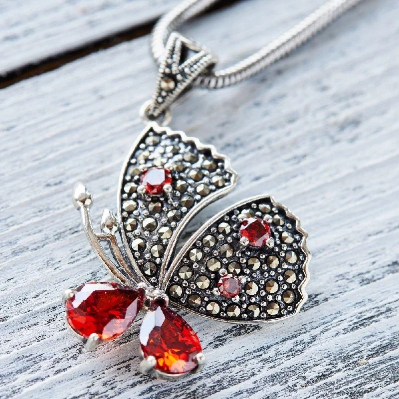 Luxury Sapphire Necklace For Weddings-Red Garnet Silver Butterfly Necklace