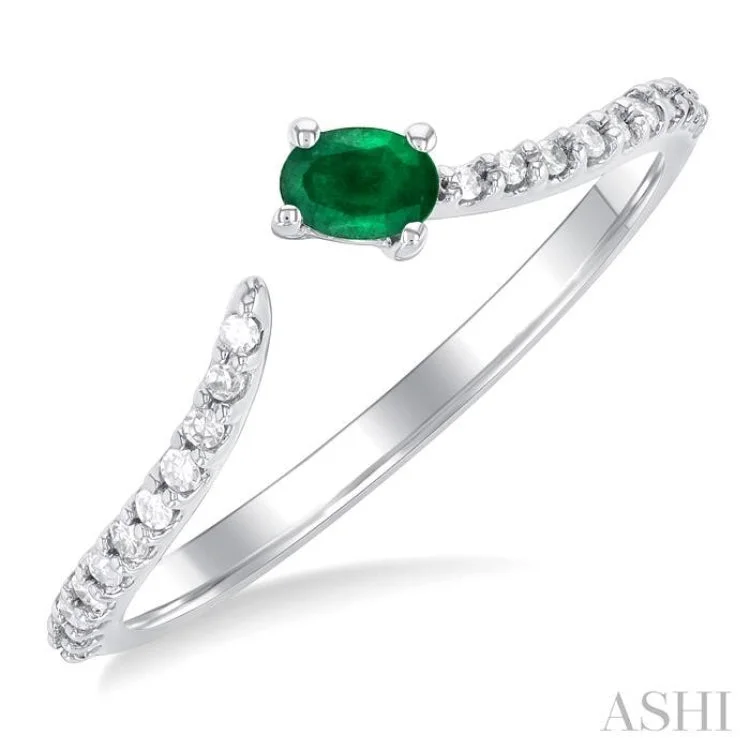 Custom Wedding Rings For Bridesmaids-1/10 ctw Petite 4X3MM Oval Cut Emerald and Round Cut Diamond Precious Fashion Ring in 10K White Gold