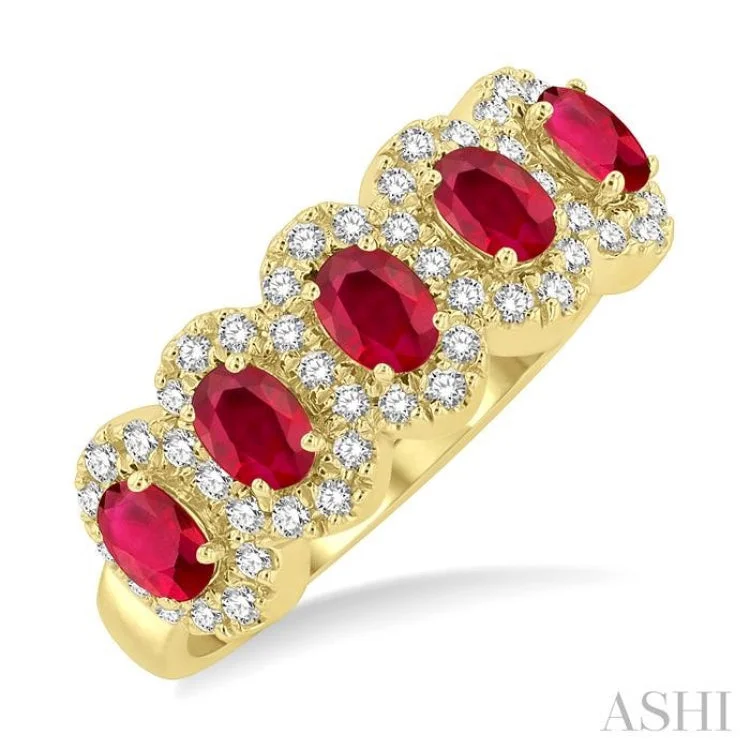 Simple Gemstone Rings For Timeless Style-1/3 ctw Oval Cut 4x3MM Precious Ruby and Round Cut Diamond Wedding Band in 14K Yellow Gold