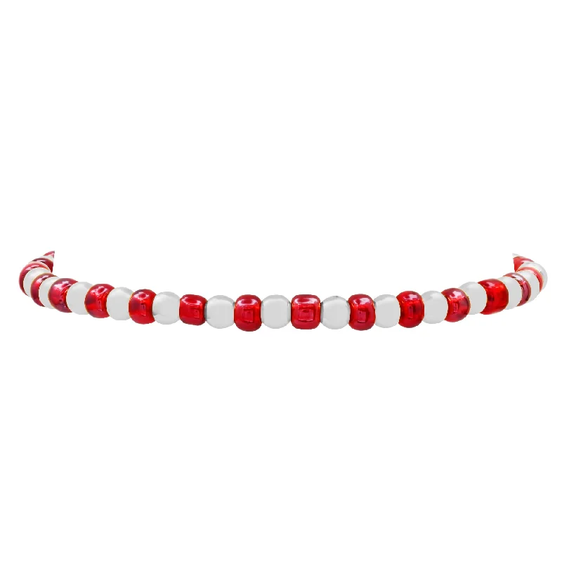 Fashion Bracelets With Custom Names-IRIDESCENT BALL STRETCH BRACELET SILVER AND RED