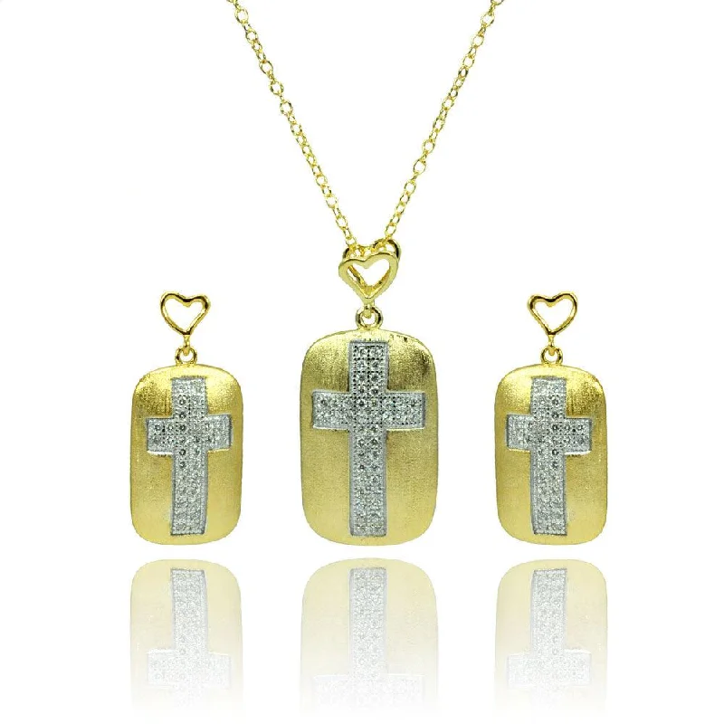 Classic Silver Necklace For Fashion Week-Silver 925 Rhodium and Gold Plated Clear CZ Cross Center Open Heart Dangling Stud Earring and Necklace Set - BGS00382