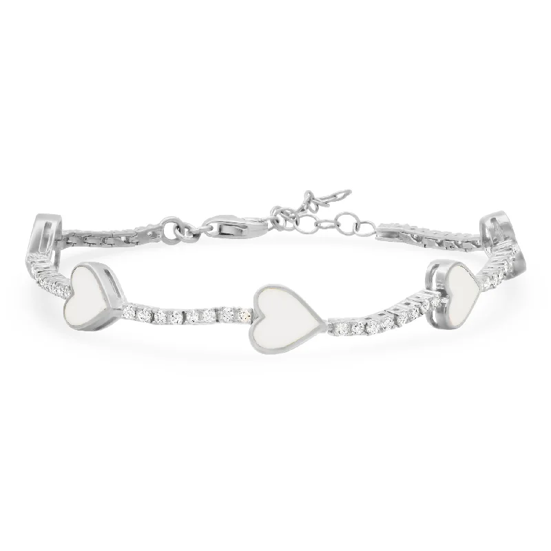 Custom Message Bracelets For Women-WHITE HEARTS ENAMEL BRACELET, SILVER