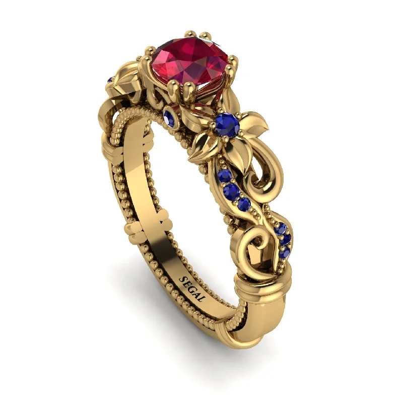 Handmade Gemstone Engagement Rings For Brides-Vintage Flower Openwork Gold Ruby Engagement Ring - Ann No. 70