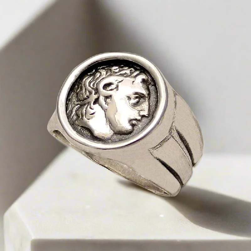 Classic Wedding Rings With Sapphire Details-Alexander the Great Portait Coin Ring in Sterling Silver (DT-103)