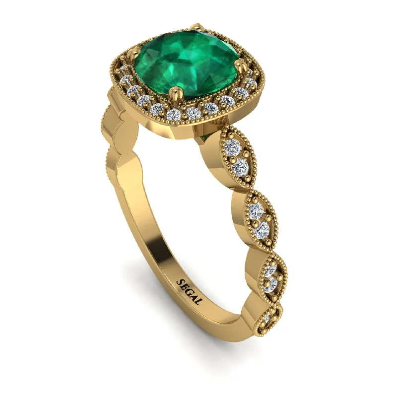 Trendy Gemstone Wedding Rings For Elegant Brides-Vintage Inspired Emerald Halo Ring - Frances No. 4