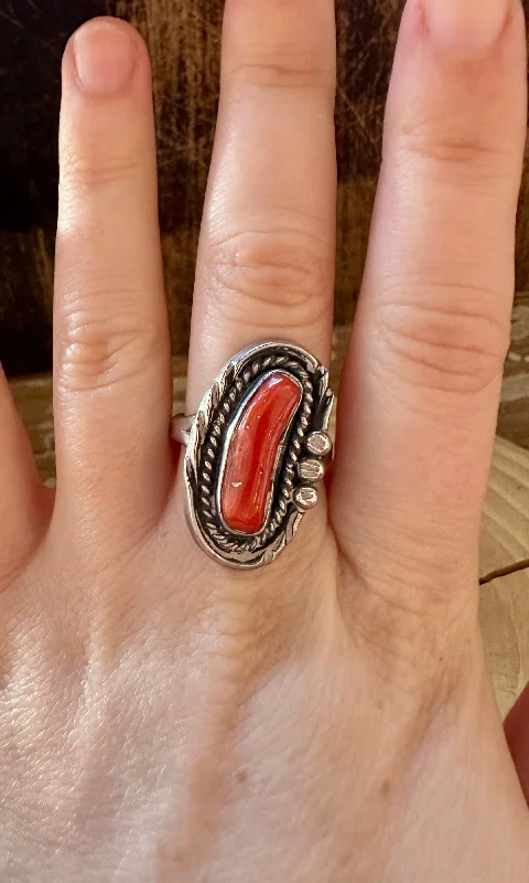 Personalized Wedding Rings For Grooms-SOUTHWEST CHARMER Vintage Sterling Silver & Red Coral Ring • Size 7 1/4