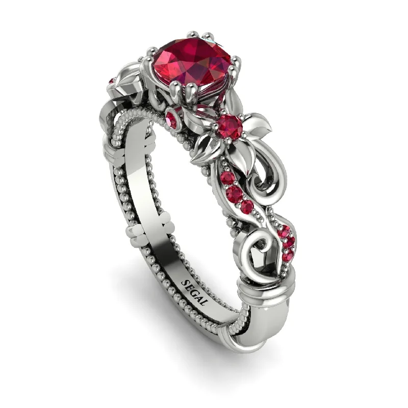 Simple Silver Rings For Wedding Bands-Vintage Flower Openwork Gold Ruby Engagement Ring - Ann No. 57