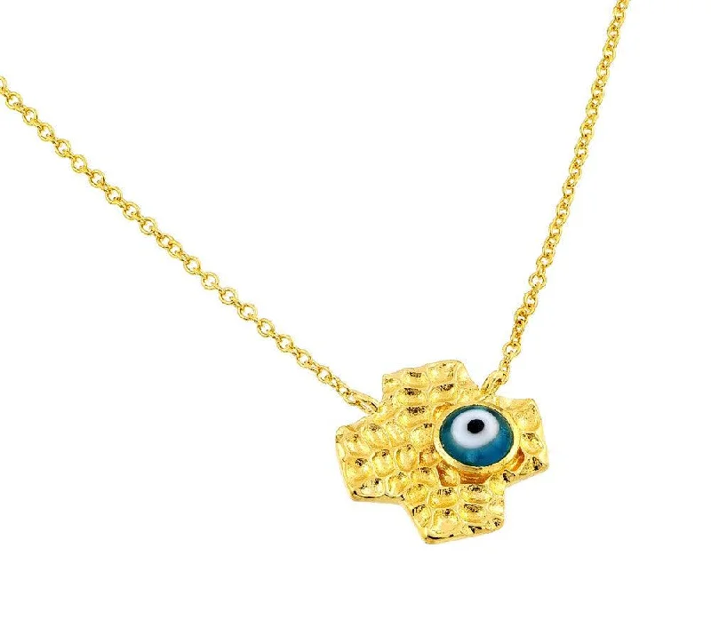 Handmade Pearl Necklace For Bridesmaids-Silver 925 Gold Plated Evil Eye Blue Iris Square Cross Pendant Necklace - BGP00841GP