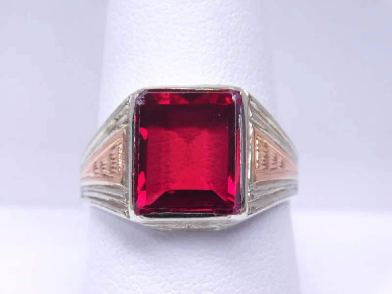 Sparkling Gemstone Wedding Bands For Bridesmaids-ART DECO 14K SYNTHETIC RUBY RING