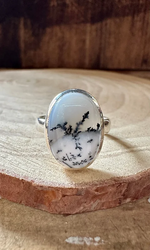 Elegant Custom Wedding Bands For Grooms-WHIMSY DENDRITIC OPAL Sterling Silver Ring • Size 9