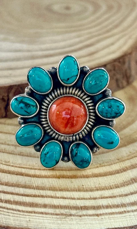 Personalized Gemstone Rings For Custom Jewelry-FLOWER POWER Navajo Spiny Oyster & Kingman Turquoise Sterling Silver Ring • Size 7