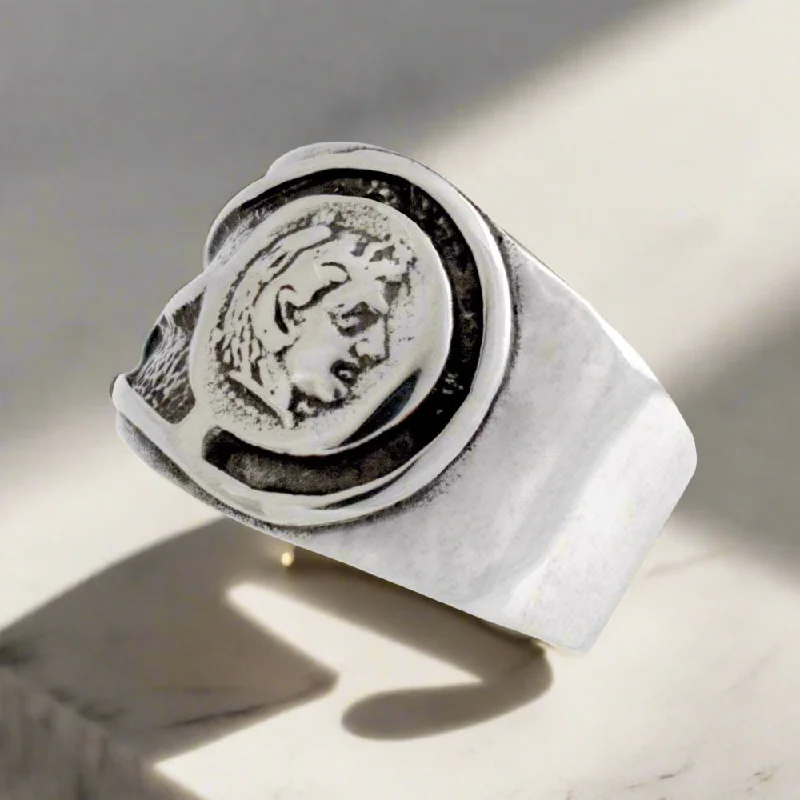 Personalized Custom Wedding Rings For Elegant Brides-Alexander the Great Portrait Coin Ring in Sterling Silver (DT-110)