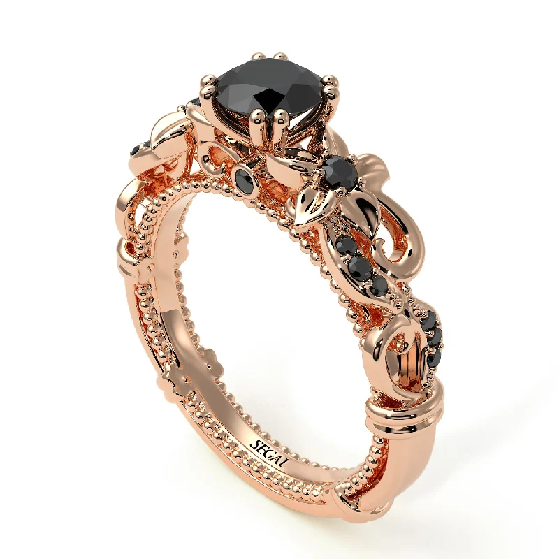 Unique Gold Rings For Special Gifts-Vintage Flower Openwork Gold Black Diamond Engagement Ring - Ann No. 38