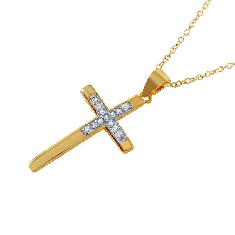 Handcrafted Crystal Necklace For Weddings-Silver 925 Rhodium Plated CZ Inlay Gold Plated Cross Pendant Necklace - STP01494