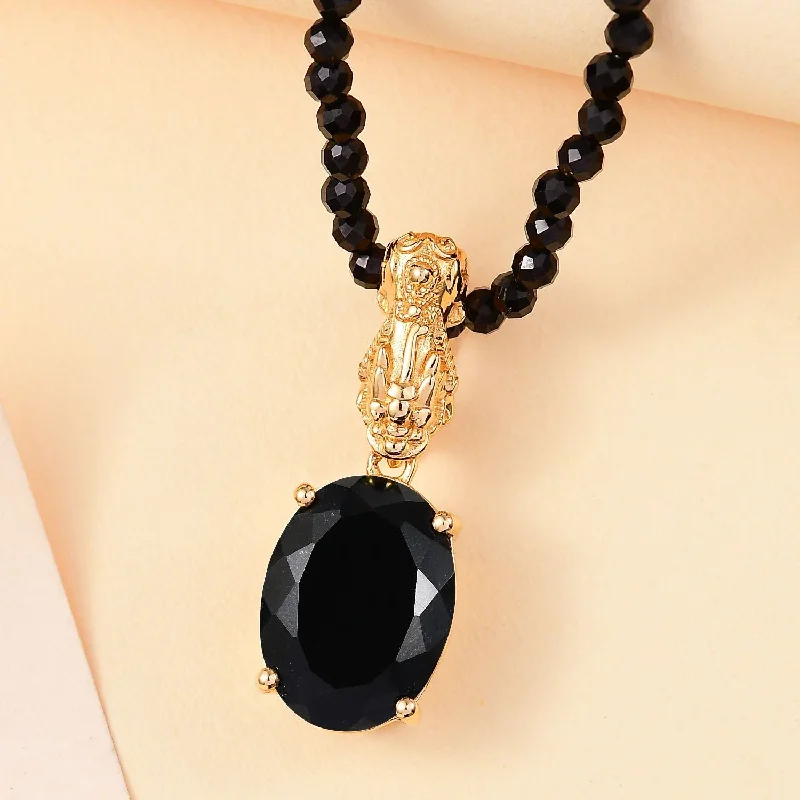 Long Pendant Necklace For Weddings-California Black Jade Pixiu Pendant Necklace with Spinel Beads