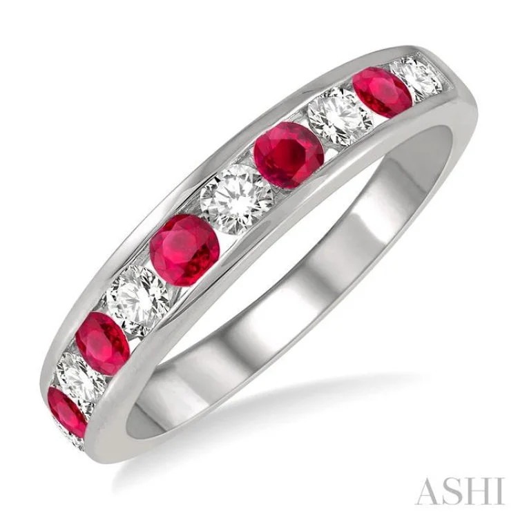 Simple Gemstone Rings For Casual Wear-3/8 ctw Round Cut Diamond and 2.6MM Ruby Precious Wedding Band in 14K White Gold