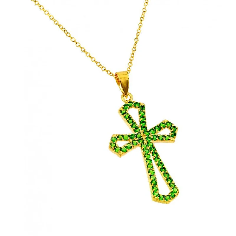 Elegant Heart Pendant Necklace For Special Events-Silver 925 Gold Plated Cross with Green CZ stones Pendant Necklace - BGP00895