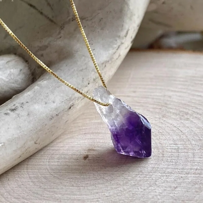 Elegant Gold Necklace For Formal Wear-Raw Amethyst Purple Crystal Necklace With Golden Chain